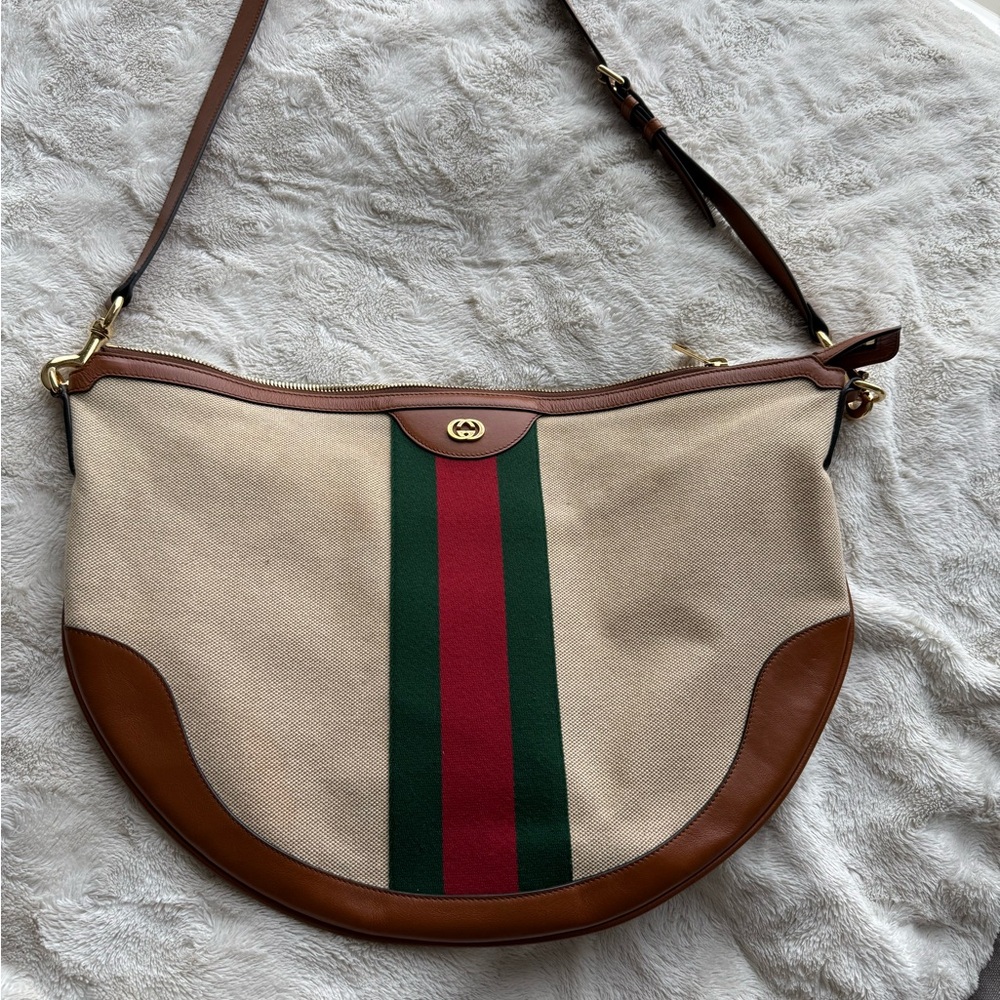 Gucci Cream and Brown Shoulder Bag with Signature Stripe
